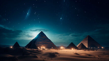 Egyptian pyramids are present in this future desert environment at night. Stars in the night sky, light beams, and galaxy glare. in the pyramid's tunnel. Generative AI - obrazy, fototapety, plakaty