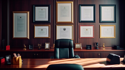 Empty frame on office wall diploma degree certificate credentials image photo poster business chief executive officer ceo cfo cxo promotion portrait work 3d fill in blank. Generative AI