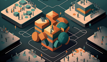 つながりを表現したアイソメトリックなイラスト