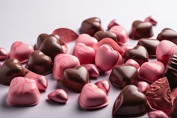 Obraz na płótnie Canvas Pink heart-shaped chocolates for Valentine's Day on a white background banner. Generative AI