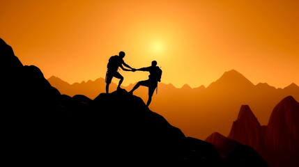 Help and assistance concept. Silhouettes of two people climbing on mountain and helping. Generative AI
