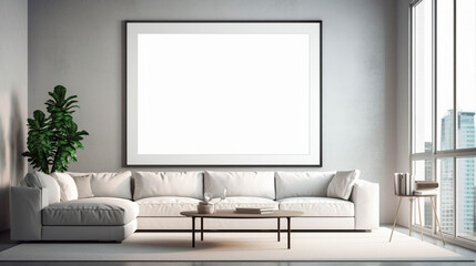 American football players in a super bowl game Huge white framed blank art canvas on large wall in minimal room. Generative AI