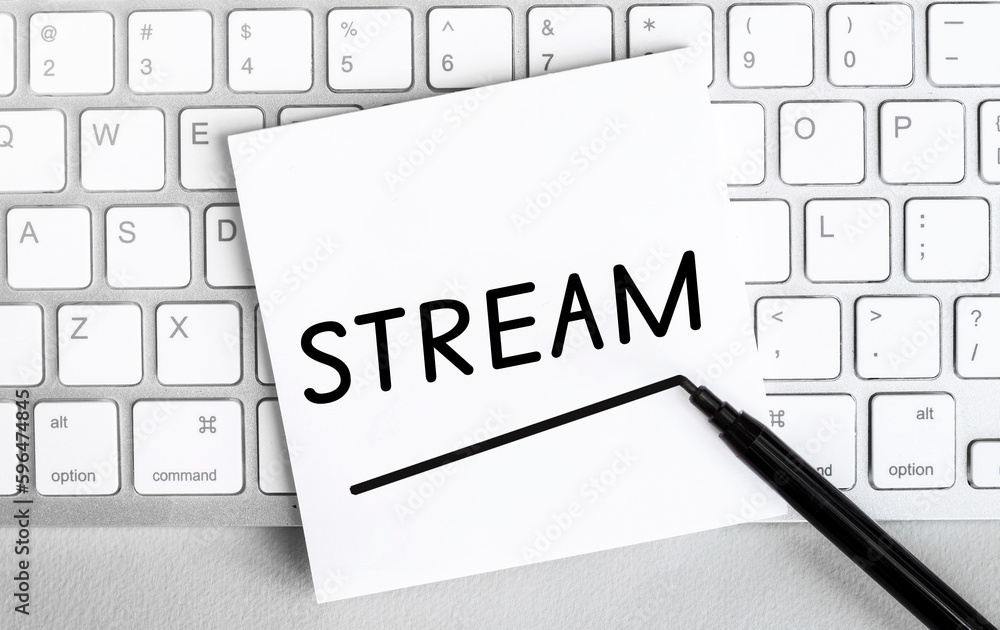 Poster white paper with text stream lying on the keyboard