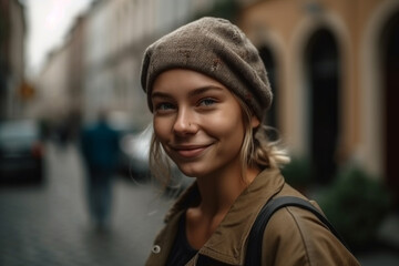 Fototapeta premium young girl teenager outside in front of a restaurant or bar wearing a woolen hat and a winter jacket, happy and content. Generative AI