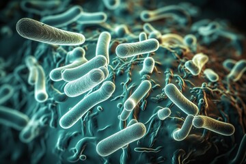 Probiotics Bacteria . Biology, Science Microscopic medicine. Digestion, stomac,h escherichia coli, treatment, Health care, medication, anatomy, organism. Generative AI