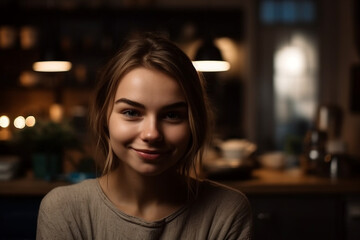 young adult woman or teenager at home in the kitchen, happy and content, evening or night. Generative AI