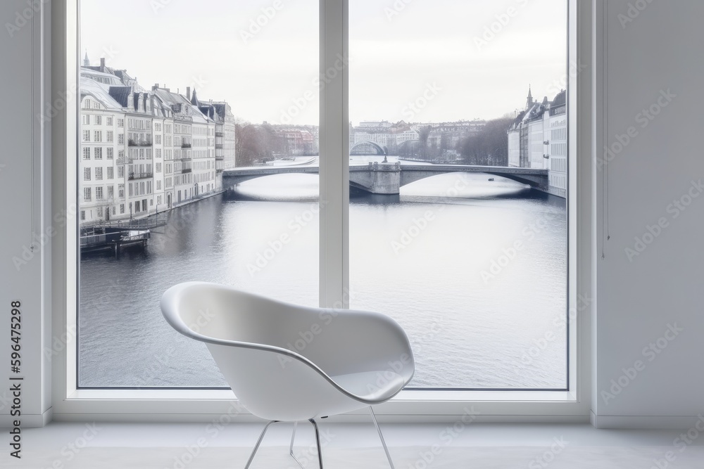 Poster white chair placed in front of a window with a view. generative ai