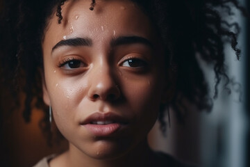 Fototapeta premium multi-ethnic or american multiracial young adult woman or teenager girl, serious, worried or unhappy face expression. Generative AI