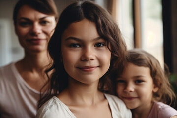 young child girl with her sister and mother woman in the background at home. Generative AI