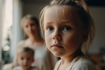 young toddler child girl with brother boy and mother woman in the background. Generative AI