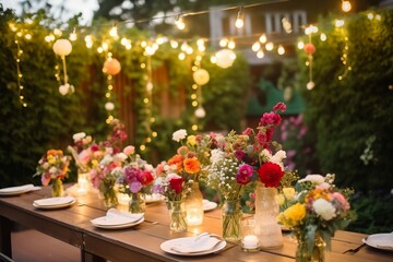 Sharp illustration of beautiful table setting with colorful Flower bouquet, Focal point in nighttime setting, created using generative AI