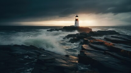A Lighthouse located on an Island made of Rocks, there are Huge Waves, Cloudy and lot of Wind. Generative AI