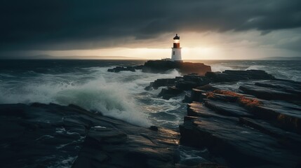 Fototapeta premium A Lighthouse located on an Island made of Rocks, there are Huge Waves, Cloudy and lot of Wind. Generative AI
