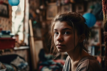 Obraz premium young girl teen is thoughtfully silent or disappointed sad. Generative AI