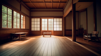 Fototapeta na wymiar Muji design, an empty wooden room, and interior cleaning of a Japanese room. Generative AI