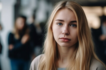 young adult woman or teenager girl is sad or nearly crying. Generative AI