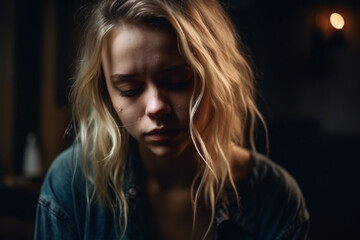 Fototapeta premium young adult woman or teenager girl is sad or nearly crying. Generative AI