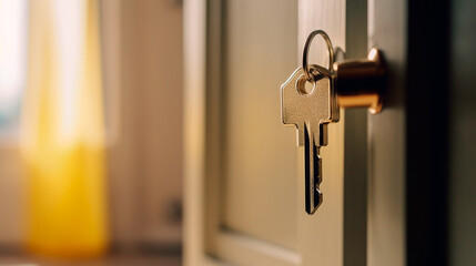 Obraz premium Opening door with golden house key chain on fuzzy interior background and mockup for your advertisement. Homebuying idea. Generative AI