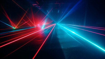 Red and blue laser neon light beams flash and shine. Generative AI