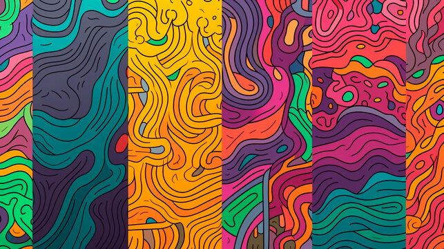 Set of fun colorful line doodle seamless pattern. Creative minimalist style art background collection for children or trendy design with basic shapes. . Generative AI