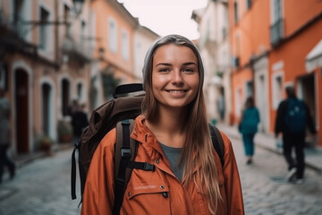 Obraz premium City trip excursion, woman travel with backpack or daypack, fictitious place. Generative AI