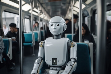a robot in passenger train, to passenger, robot with artificial intelligence, humanoid android. Generative AI