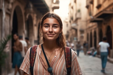 Fototapeta premium City trip excursion, woman travel with backpack or daypack, fictitious place. Generative AI