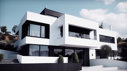 Ultra modern, minimalist, stylish house in white and black. Generative AI