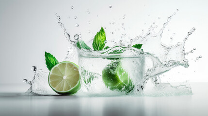 Fototapeta na wymiar Water splash on white background with lime slices, mint leaves, and ice cubes as a concept for summertime libations. Generative AI