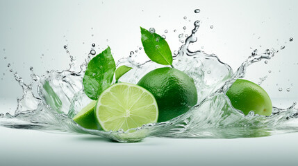 Fototapeta na wymiar Water splash on white background with lime slices, mint leaves, and ice cubes as a concept for summertime libations. Generative AI
