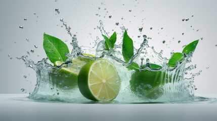 Water splash on white background with lime slices, mint leaves, and ice cubes as a concept for summertime libations. Generative AI