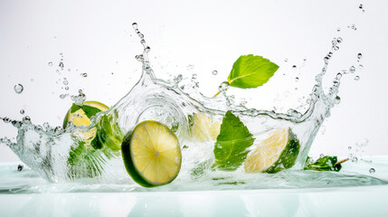 Water splash on white background with lime slices, mint leaves, and ice cubes as a concept for summertime libations. Generative AI