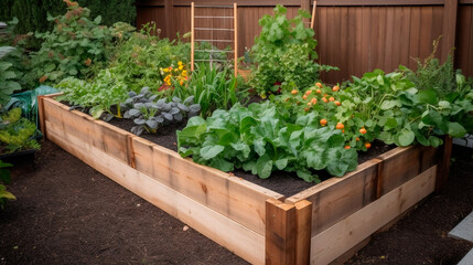 Wooden raised bed vegetable garden that is organic. for vertical planting, including beans. locally grown veggies in a big metropolis. Generative AI