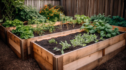 Wooden raised bed vegetable garden that is organic. for vertical planting, including beans. locally grown veggies in a big metropolis. Generative AI