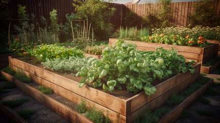 Fototapeta na wymiar Wooden raised bed vegetable garden that is organic. for vertical planting, including beans. locally grown veggies in a big metropolis. Generative AI