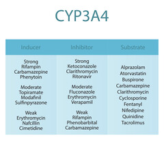 Cytochrome CYP3A4 table of strong, moderate and weak inhibitors, inducers and substrates with examples.      