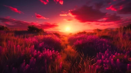 Crédence de cuisine en verre imprimé Bordeaux Lavender Field and Grasses at Sunset, A Serene Natural Landscape