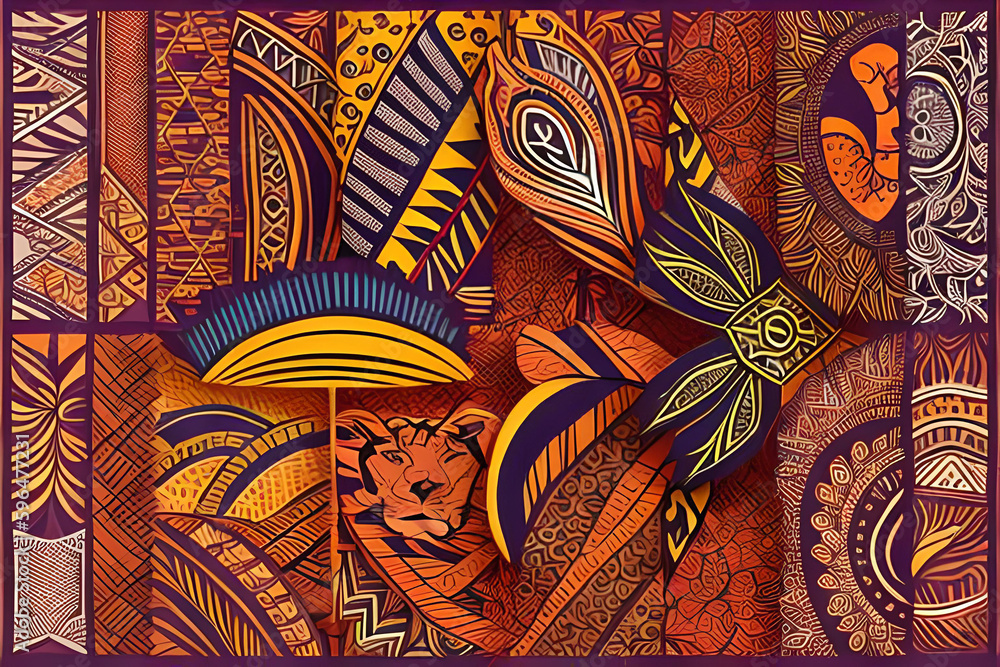 Poster an image of a collection of african-inspired patterns and textures, including tribal prints and anim