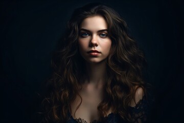 Fototapeta premium young woman wears a blue top, she has long brown hair created with Generative AI technology