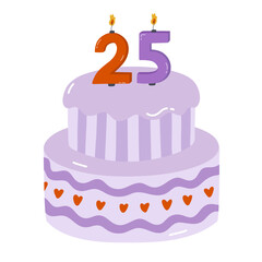 Cute birthday cake with burning candles in the form of numbers. Dessert for celebration each year of birth, anniversary. Stylized hand drawn clipart of holiday cupcake in the scandinavian style