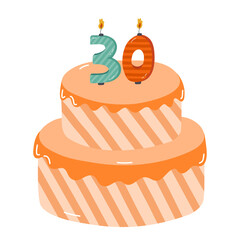 Cute birthday cake with burning candles in the form of numbers. Dessert for celebration each year of birth, anniversary. Stylized hand drawn clipart of holiday cupcake in the scandinavian style