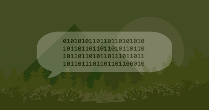 Animation of binary coding and icons over landscape