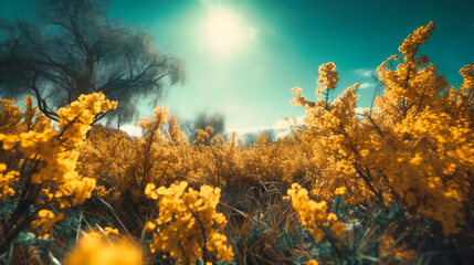 Fototapeta na wymiar A field of yellow flowers with a blue sky