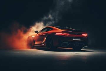 Fototapeta na wymiar A red smoke-engulfed sports car drifts on a dark background. Supercar in motion. Generative AI