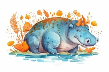 Blue Hippopotamus Relaxing on Water Surface. Generative AI