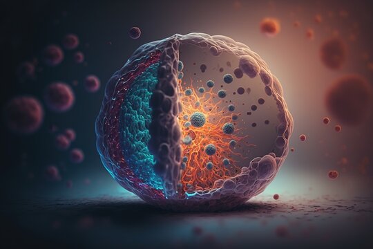  Human cell. Embryonic stem cell microscope. Components of Eukaryotic cell, nucleus and organelles and plasma membrane. Medicine, microbiology, dna, molecule. Generative AI