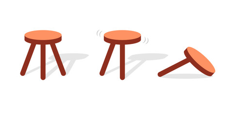 Three legged stool stable wobbly and broken icon set. Clipart image isolated on white background - obrazy, fototapety, plakaty