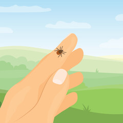 tick on the hand in the park, risk of infection of lyme and tick-borne disease- vector illustration