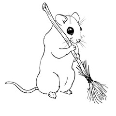 Vector image of a mouse. Line drawing by hand. For printing children's products, coloring books, books, clothes, dishes. The mouse sweeps with a broom. Drawing for children