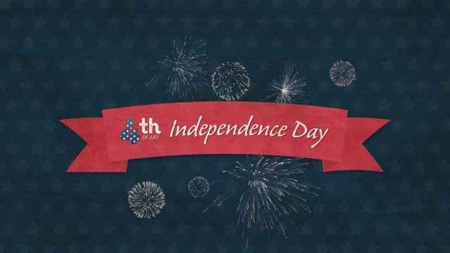 Composition of 4th of july independence day text and fireworks over blue background with stars